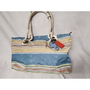 Coach Beach Nautical Striped Seahorse Charmed Tote Handbag Blue White Multicolor
